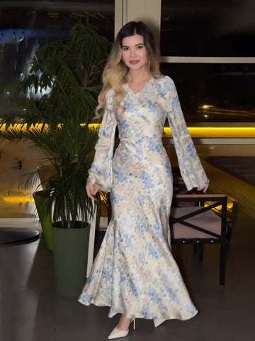 Woochic robe à manches longues imprimée ourlet bleu S